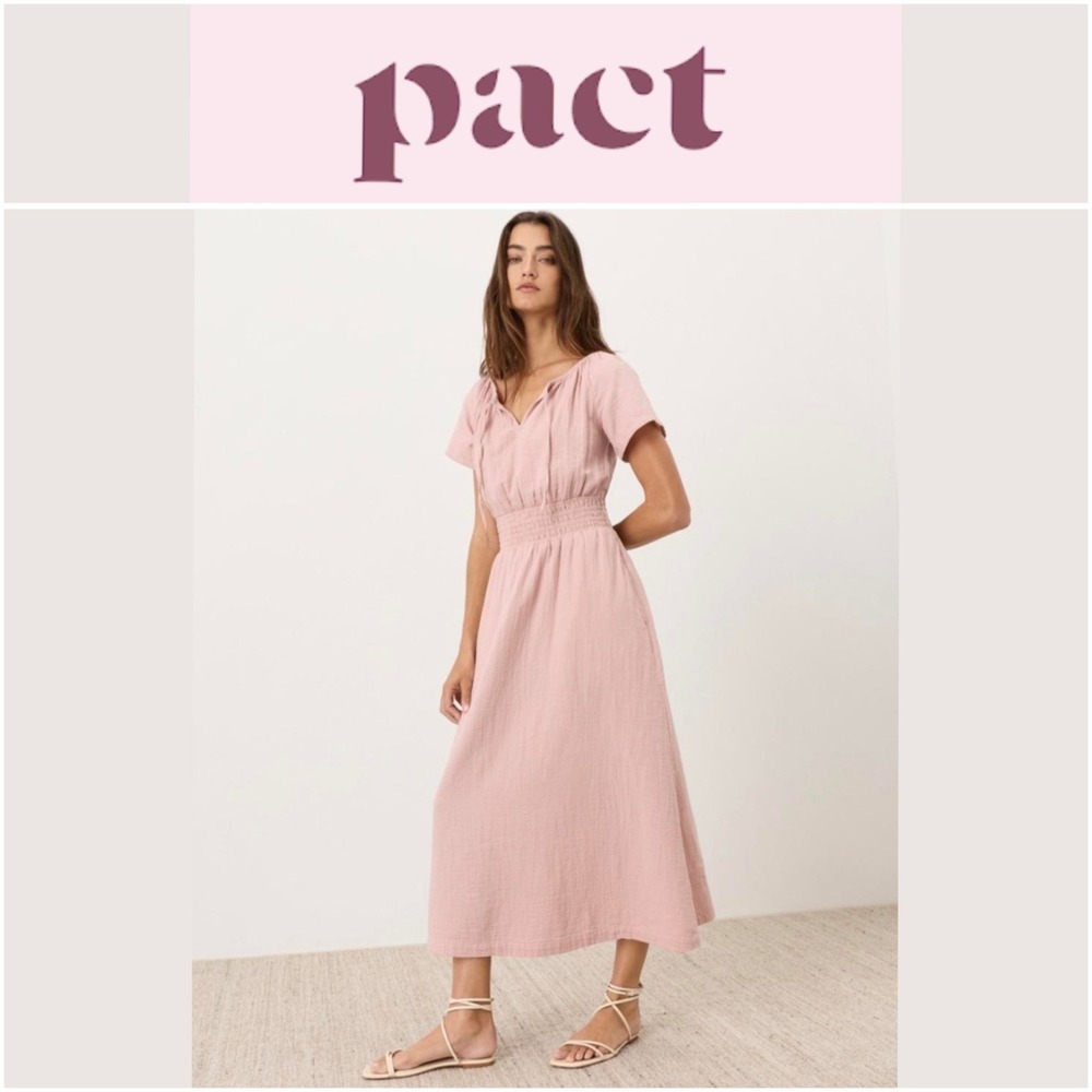 NEW Pact Women's Coastal Double Gauze Boho Midi Dress Large Blush Pink